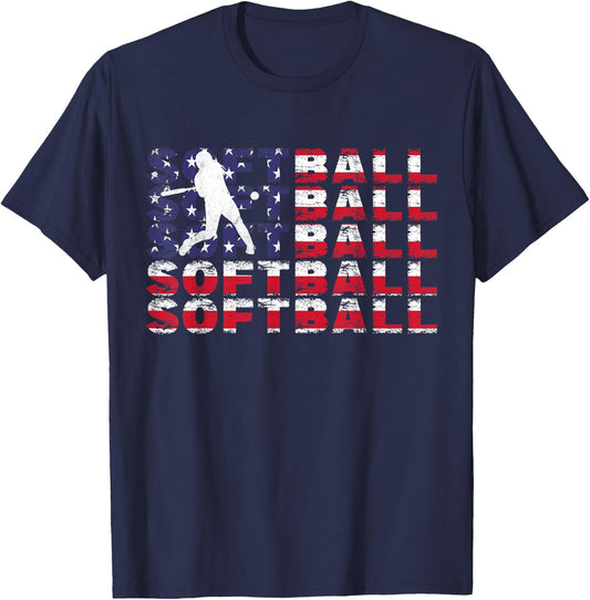 4th of July Softball American Flag Vintage Patriotic T-Shirt - T-Shirt | Navy