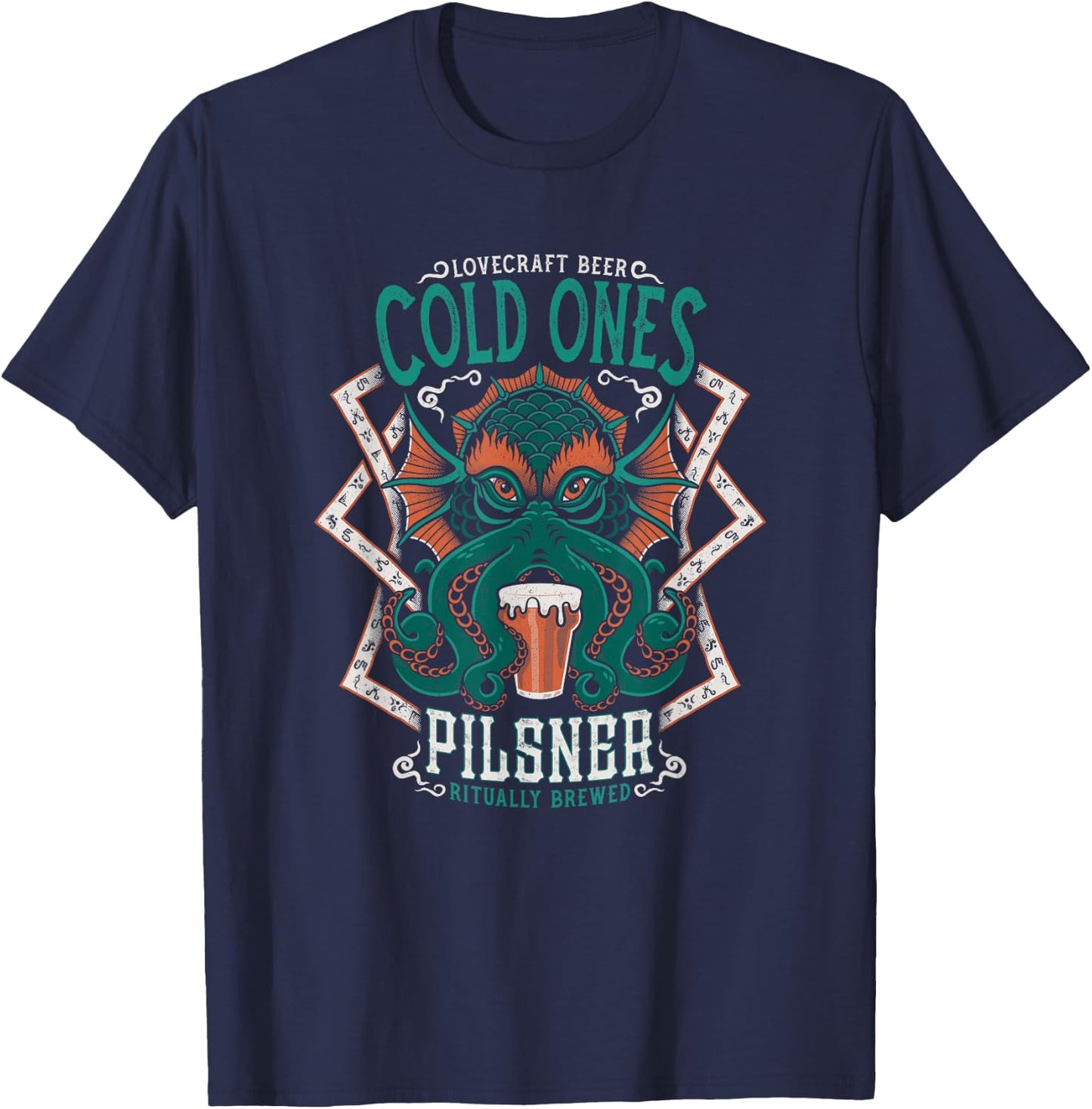 Lovecraft Beer Label - Cthulhu Tattoo - Vintage Distressed T-Shirt - T-Shirt | Navy
