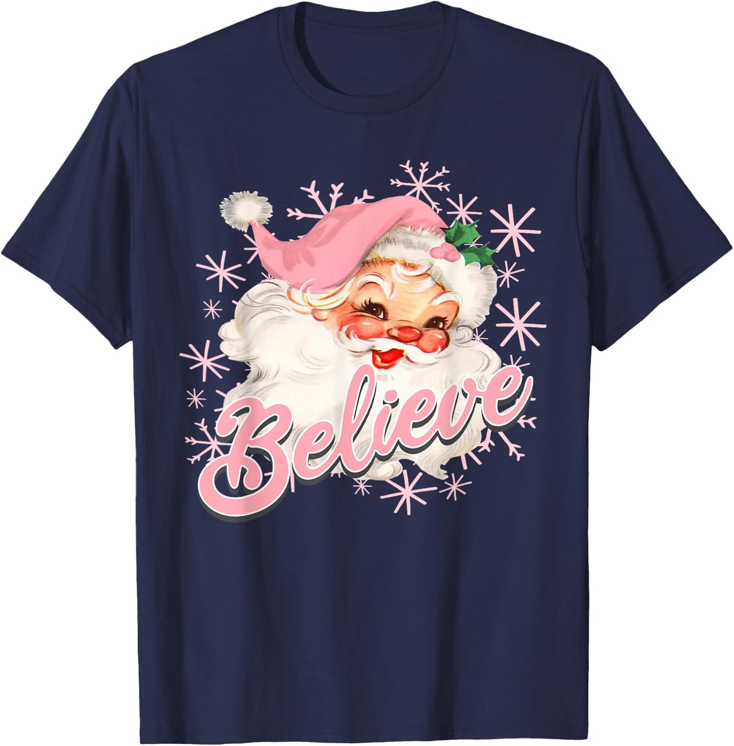 Vintage Pink Santa Claus Believe Christmas Holiday Kids T-Shirt - T-Shirt | Navy