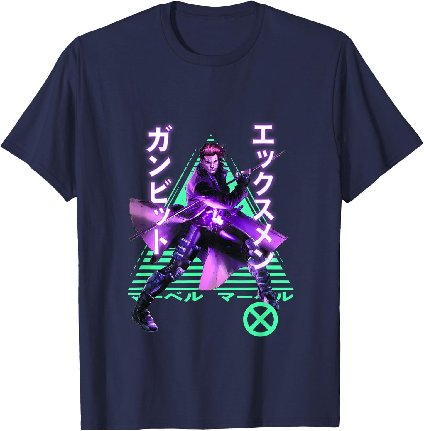 Marvel X-Men Anime Style Gambit Neon Kanji Portrait T-Shirt - T-Shirt | Navy