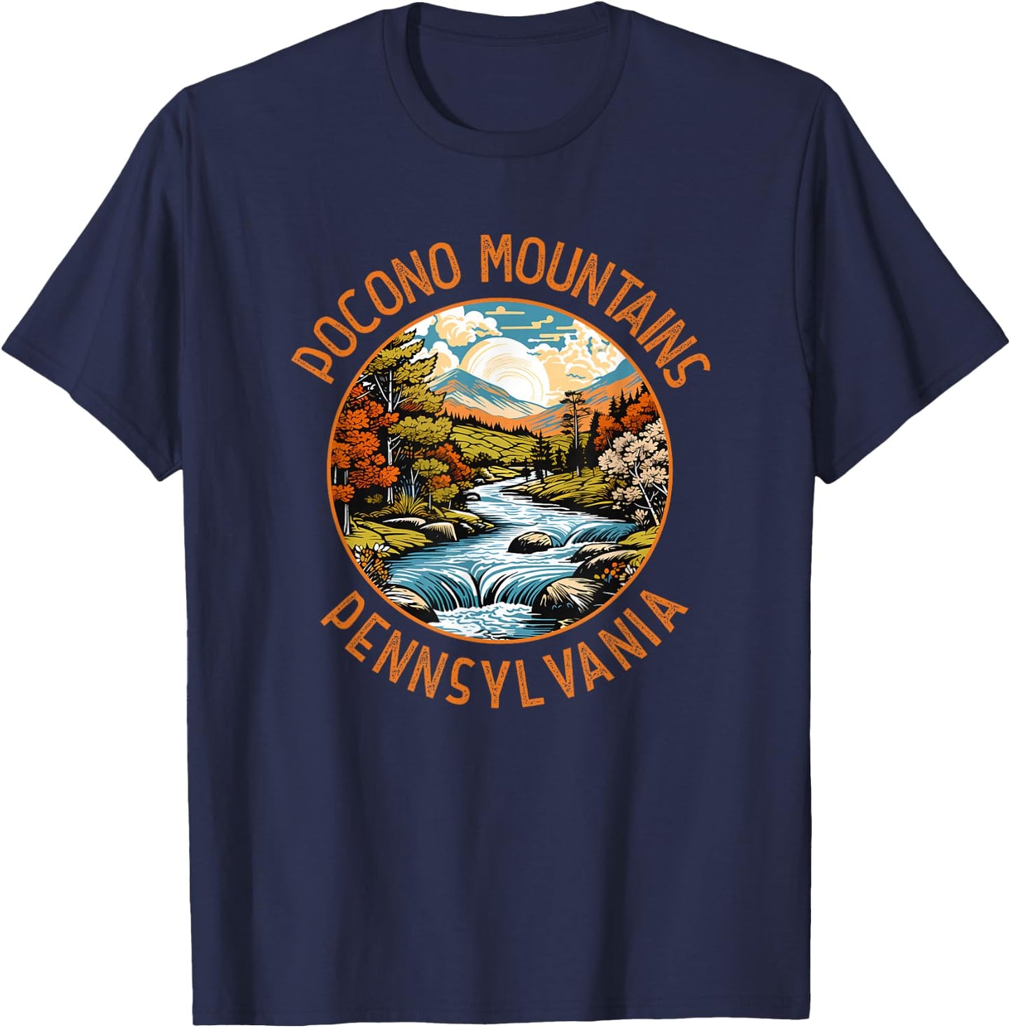 Pocono Mountains Pennsylvania Sunset Retro Distressed Circle T-Shirt - T-Shirt | Navy