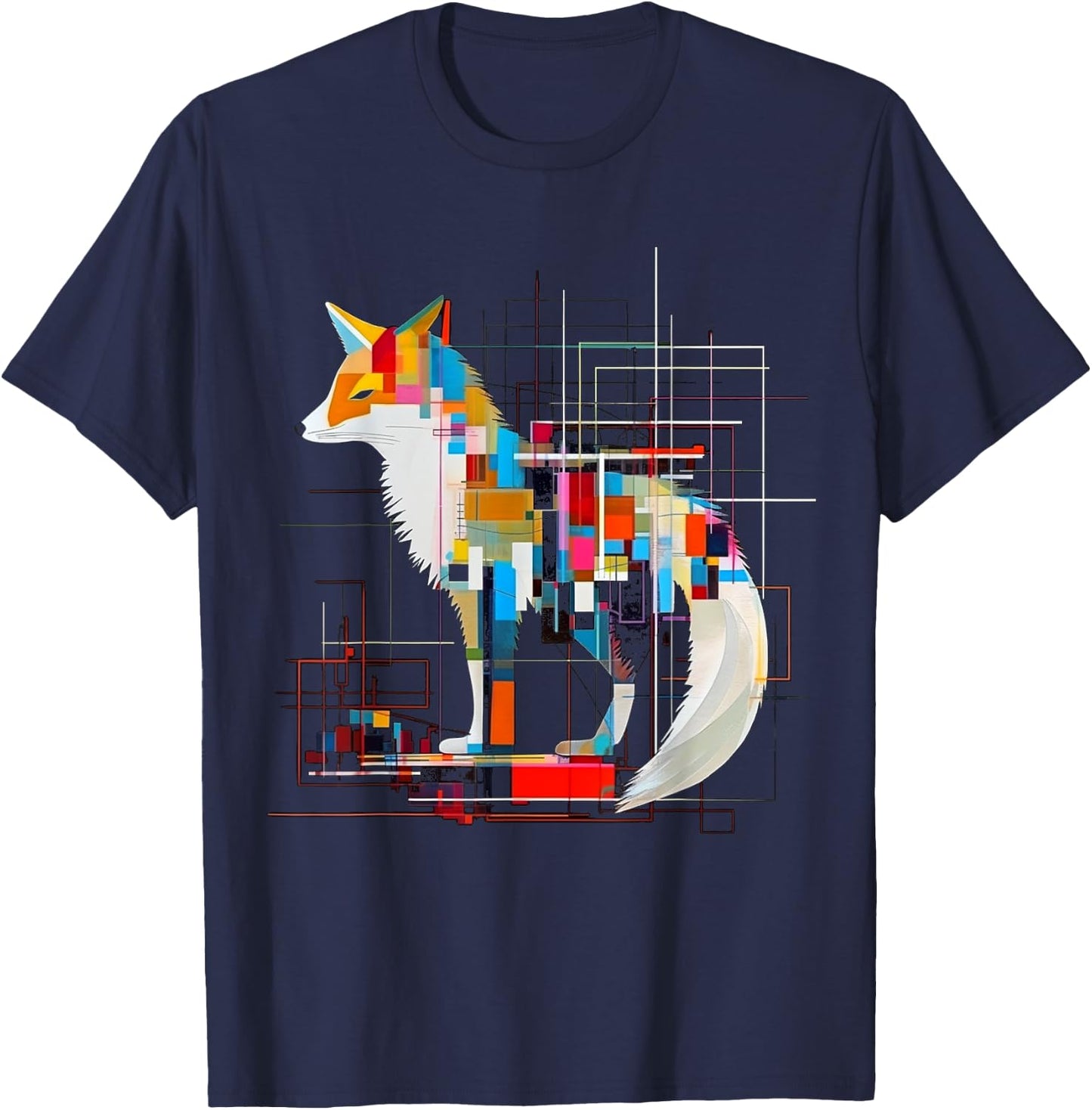 Fox Geometric Artwork Colorful | Animal Motif Fox T-Shirt - T-Shirt | Navy