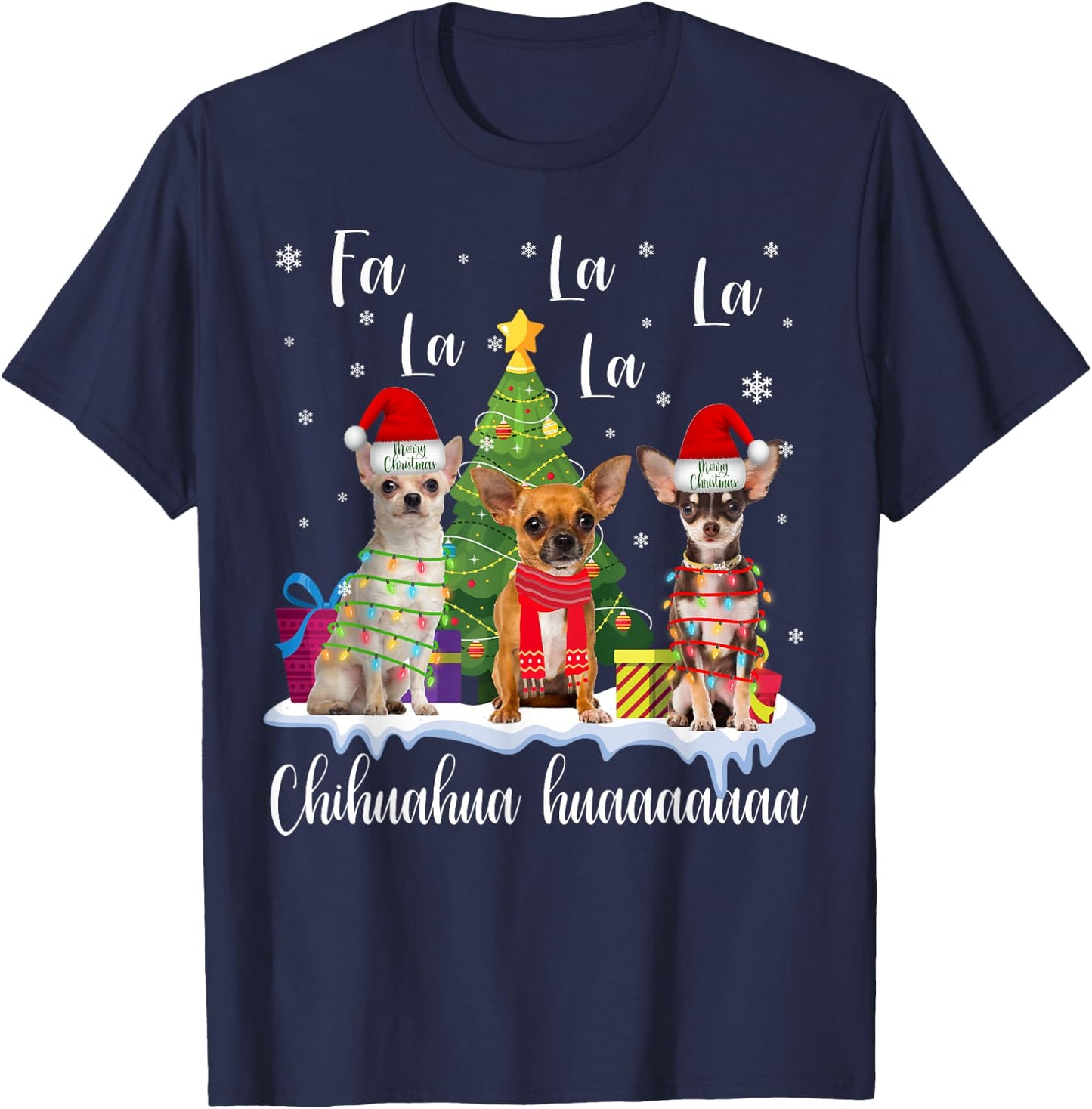 Chihuahua Dog Xmas Fa La La La Funny Ugly Christmas Sweater T-Shirt - T-Shirt | Navy