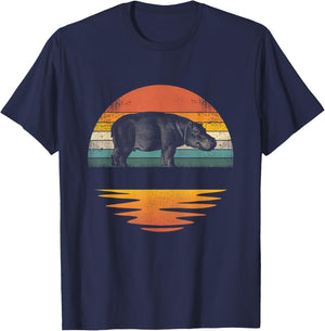 Hippo Retro Sunset Hippo Lover Men Women Kids T-Shirt - T-Shirt | Navy