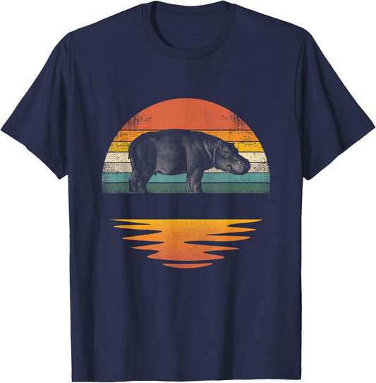 Hippo Retro Sunset Hippo Lover Men Women Kids T-Shirt - T-Shirt | Navy