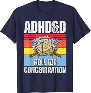 Retro Vintage ADHD&D Roll For Concentration Funny Gamer T-Shirt - T-Shirt | Navy