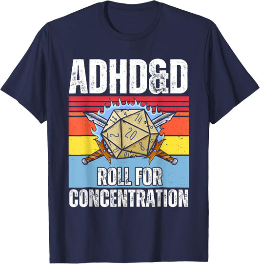 Retro Vintage ADHD&D Roll For Concentration Funny Gamer T-Shirt - T-Shirt | Navy