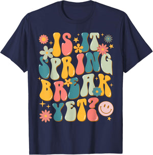 Retro Groovy Is It Spring Break Yet Floral Vintage Teacher T-Shirt - T-Shirt | Navy