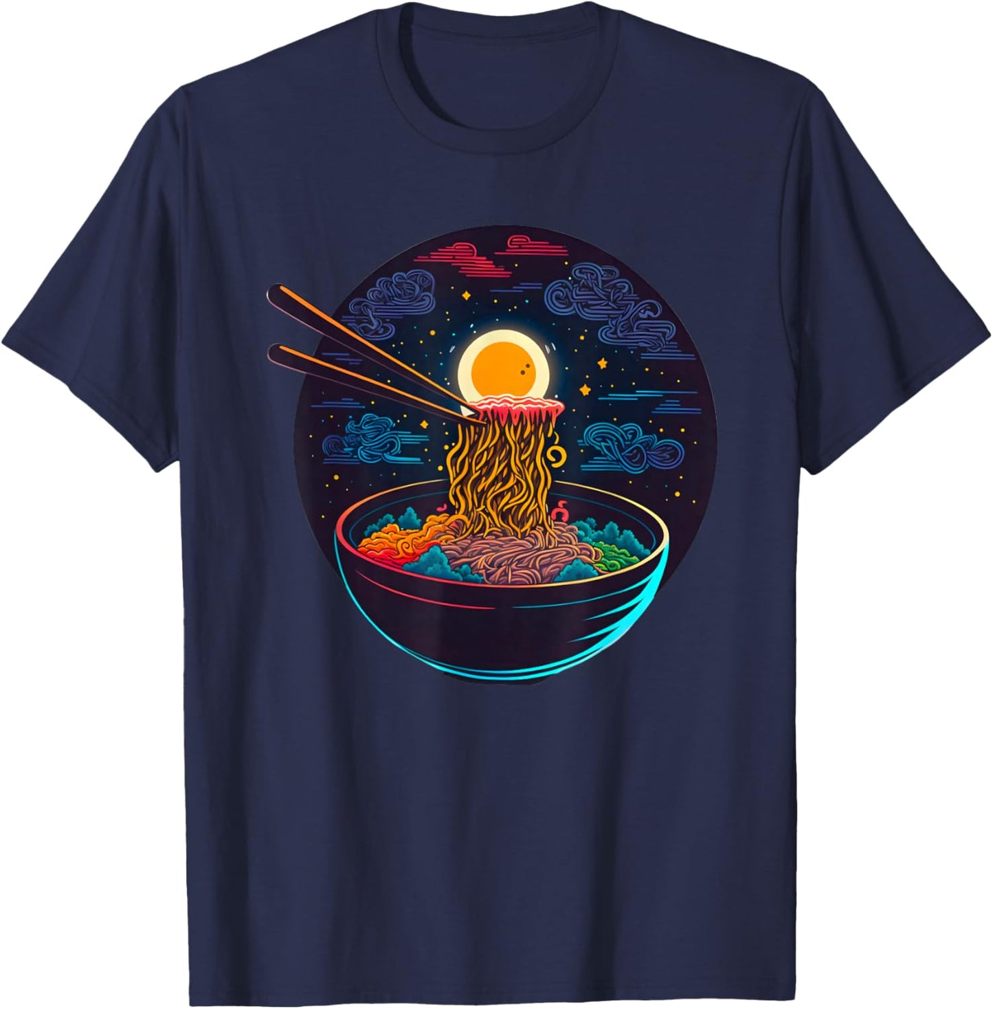 Japanese Moon Ramen Graphic Neon Retro Anime Noodles Art T-Shirt - T-Shirt | Navy