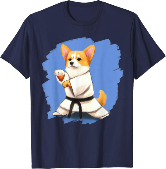Corgi Doing Karate Kick Black Belt Martial Arts Dog T-Shirt - T-Shirt | Navy