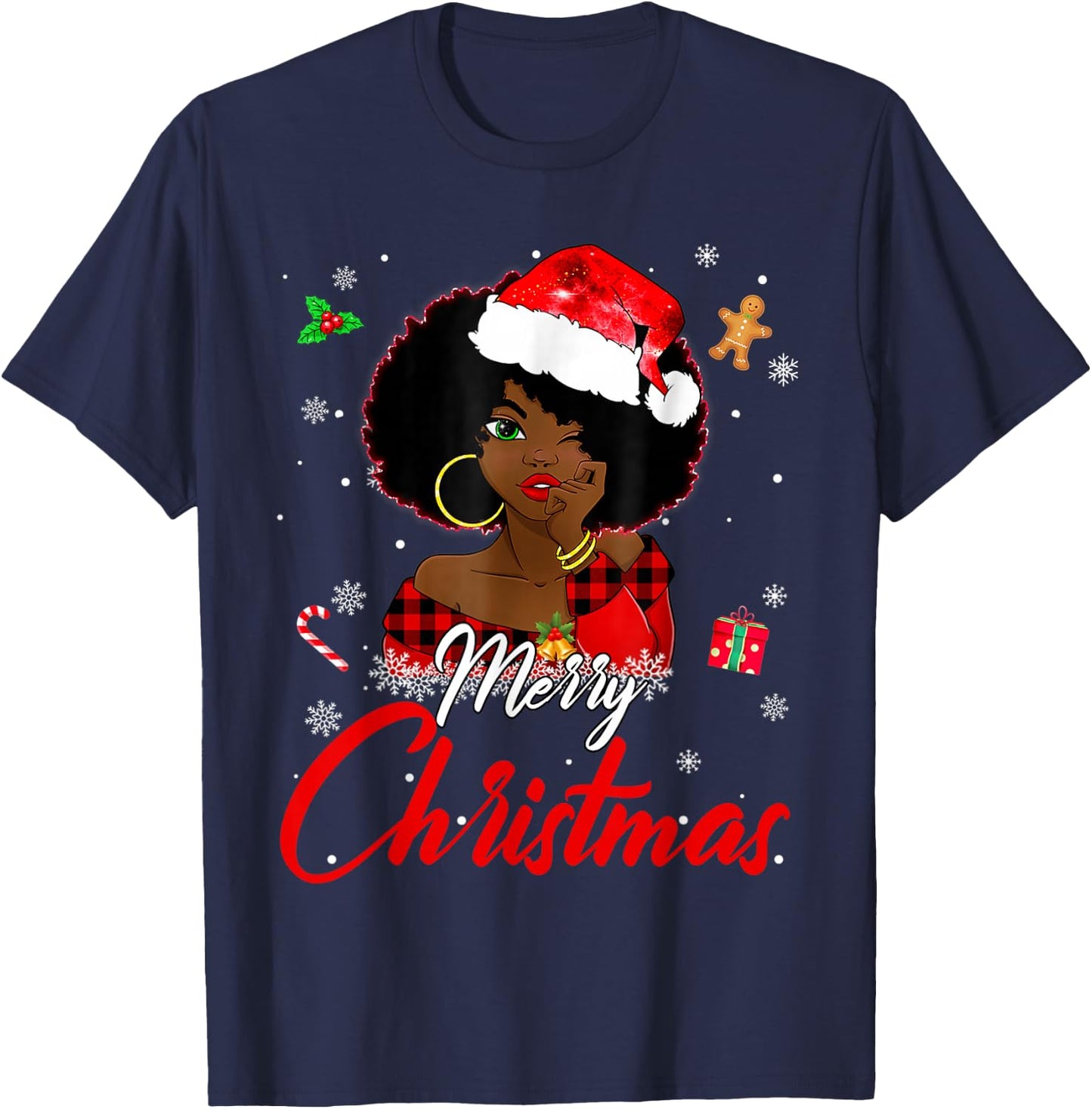 Black African Girl American Melanin Christmas Santa Hat Xmas T-Shirt - T-Shirt | Navy
