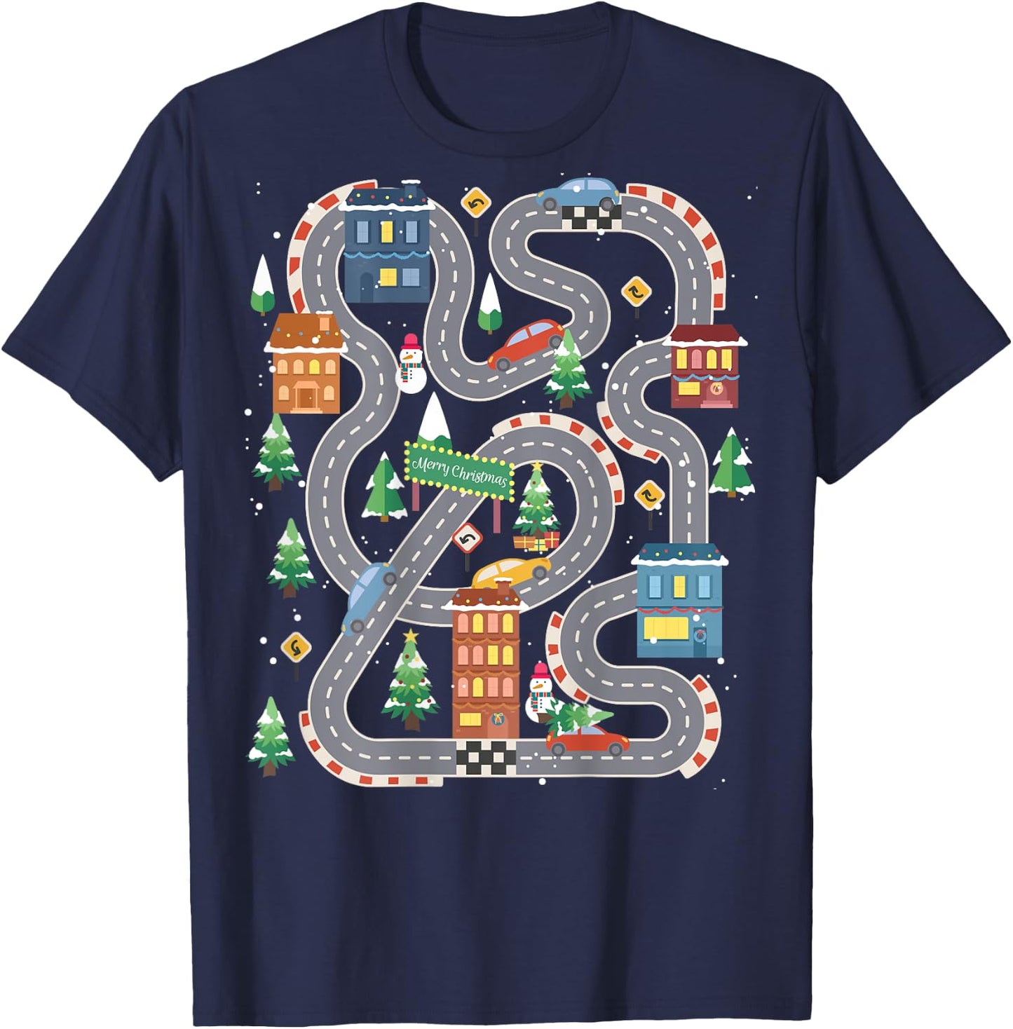Christmas Playmat Car Race Track On Back Daddy Car Massage T-Shirt - T-Shirt | Navy