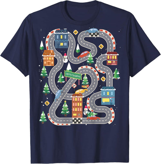 Christmas Playmat Car Race Track On Back Daddy Car Massage T-Shirt - T-Shirt | Navy