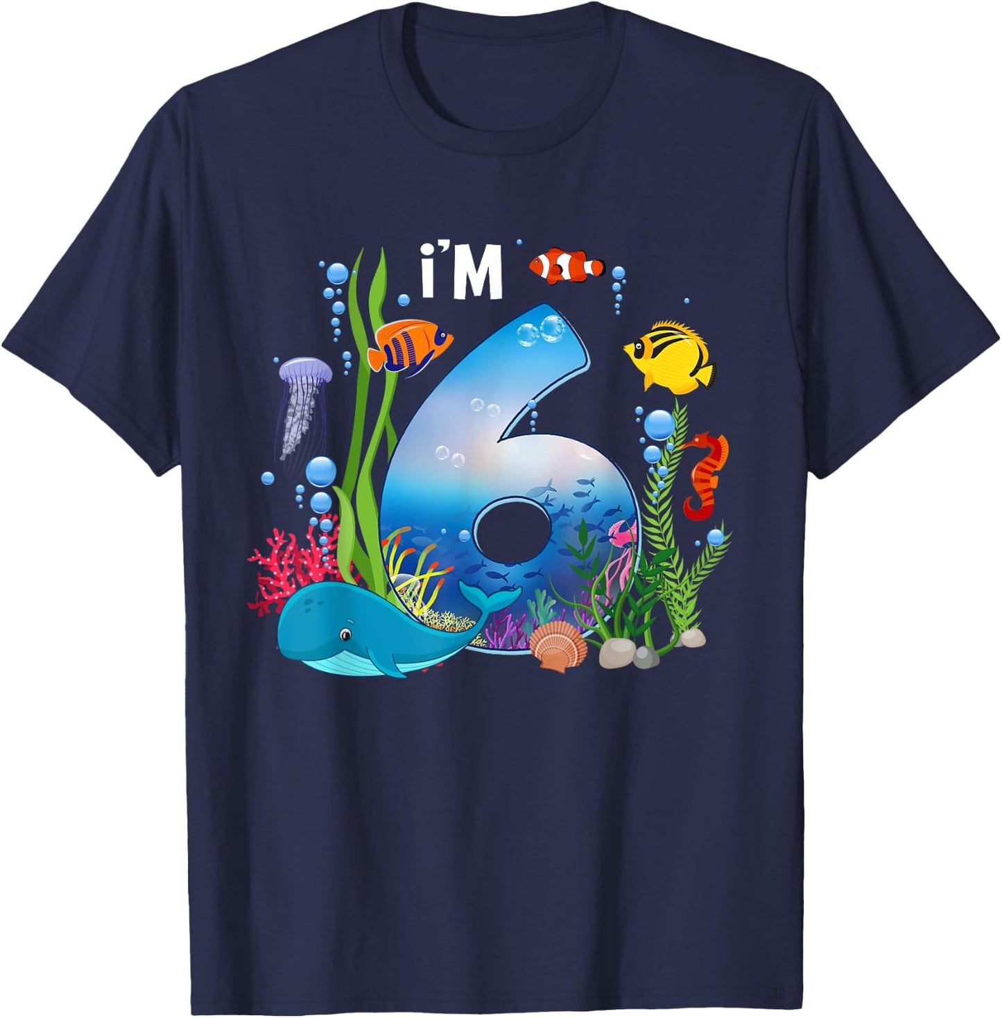 Kids 6 Year Old Ocean Life Whale Dolphin Shark 6th Birthday T-Shirt - T-Shirt | Navy
