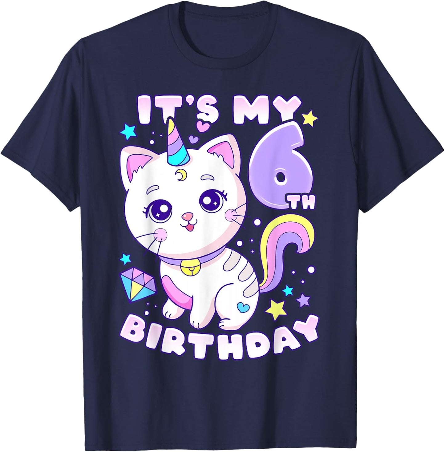 Birthday girl 6 years old cat unicorn 6th birthday T-Shirt - T-Shirt | Navy