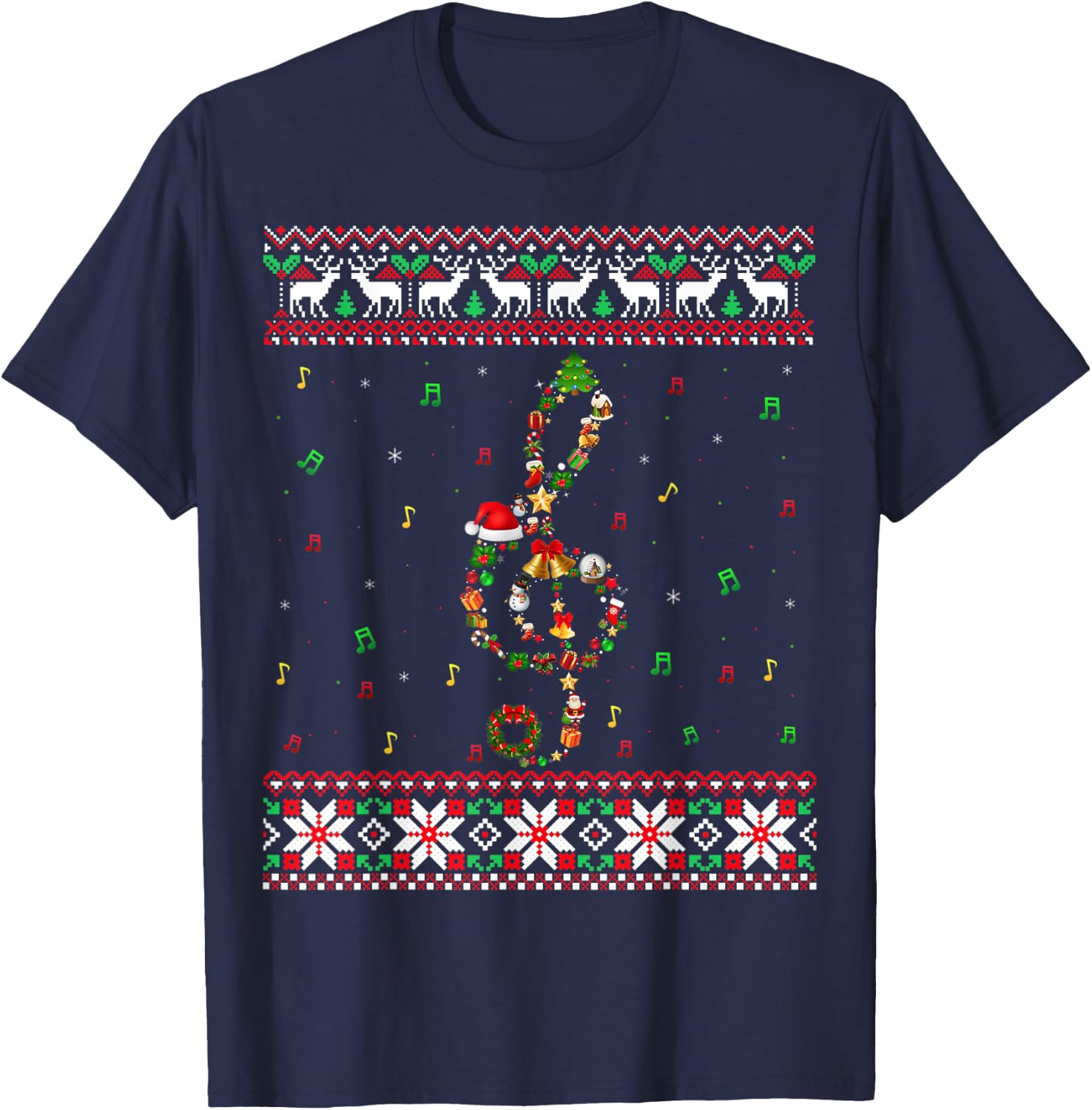 Music Note Christmas Ugly Sweater Musical Teacher Sing Women Kids T-Shirt - T-Shirt | Navy