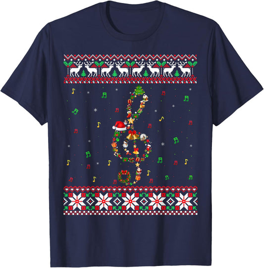 Music Note Christmas Ugly Sweater Musical Teacher Sing Women Kids T-Shirt - T-Shirt | Navy