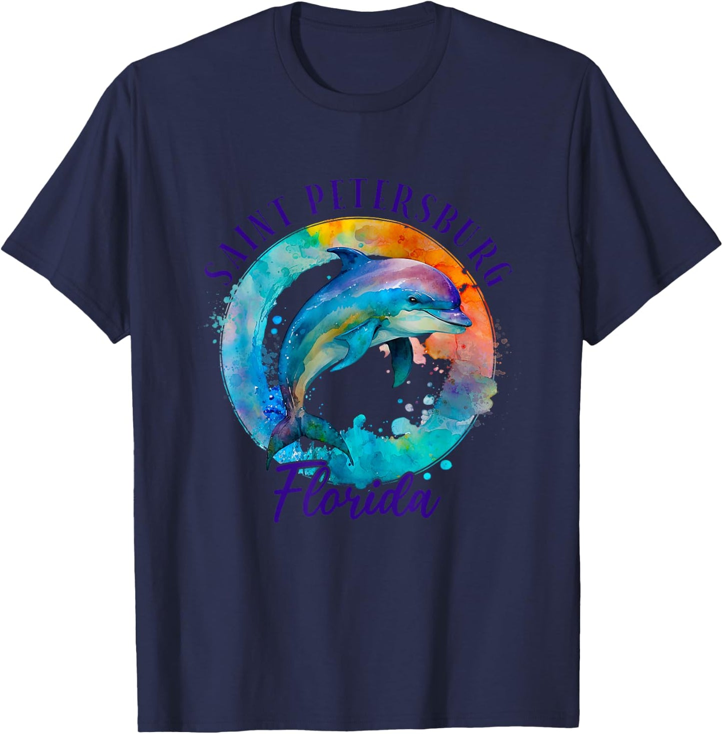 Saint Petersburg Florida Happy Watercolor Dolphin T-Shirt - T-Shirt | Navy