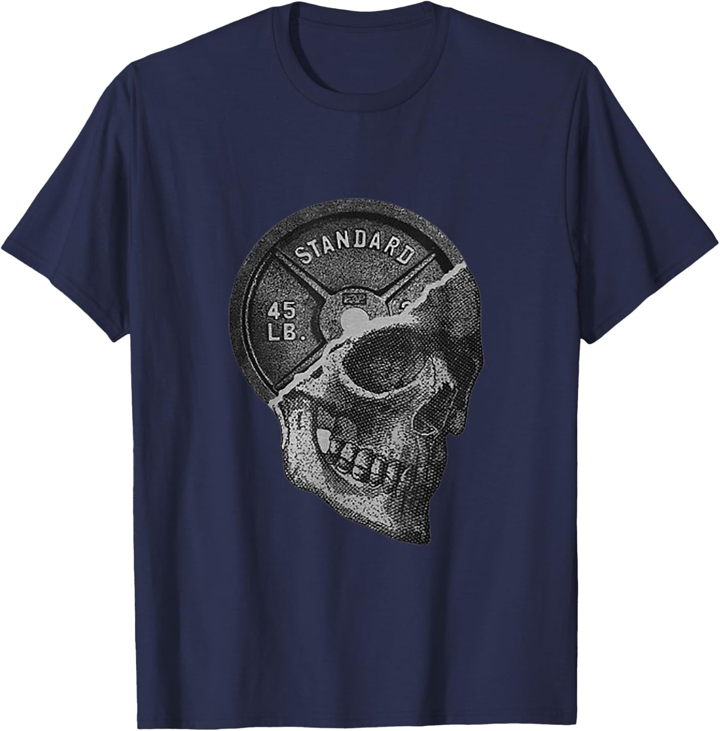 Skull & 45 lbs Plate Weight Lifting Graphic Gym Working Out T-Shirt - T-Shirt | Navy