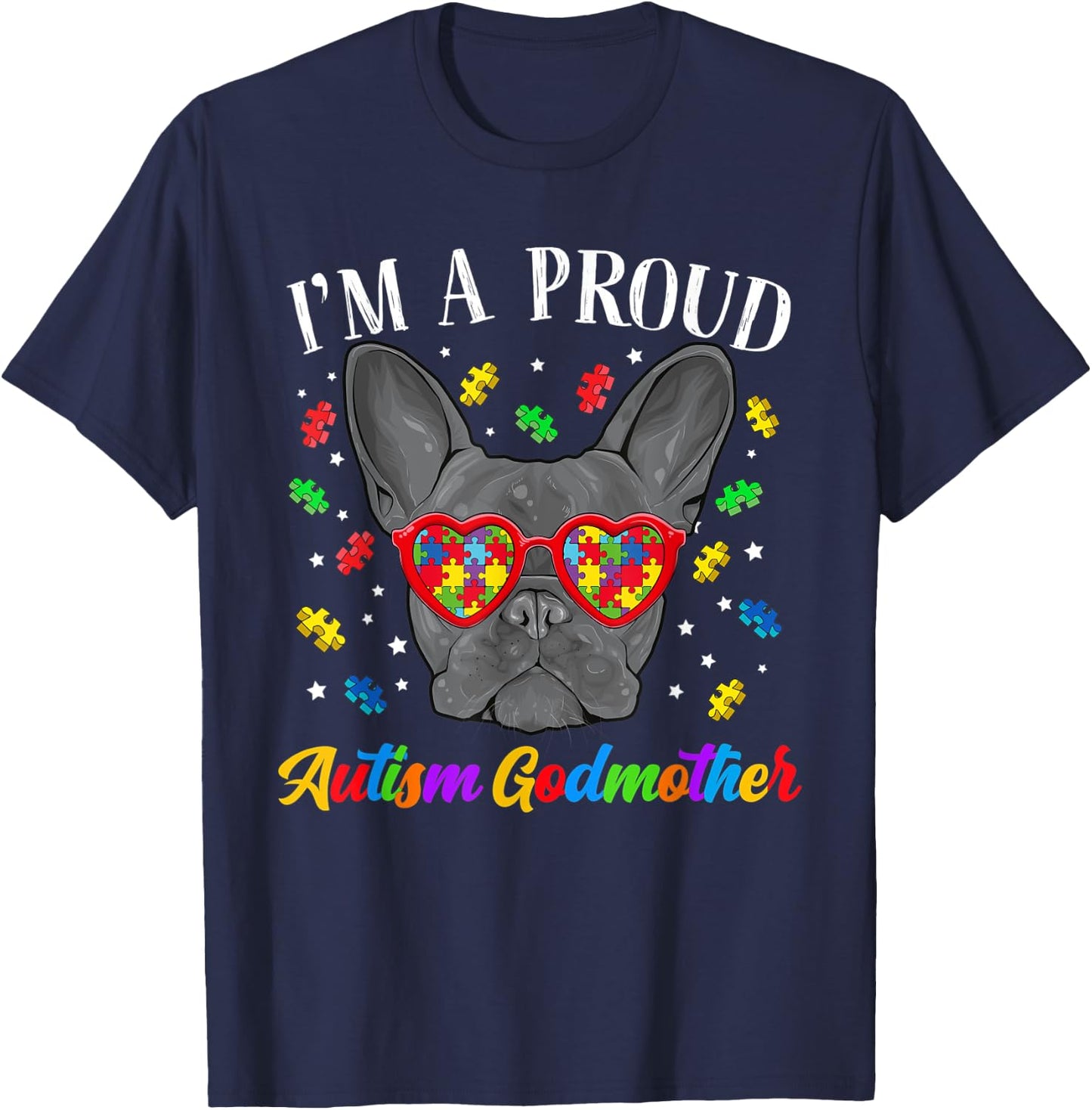 Proud Autism Godmother French Bulldog Dog Puzzle Women Kids T-Shirt - T-Shirt | Navy