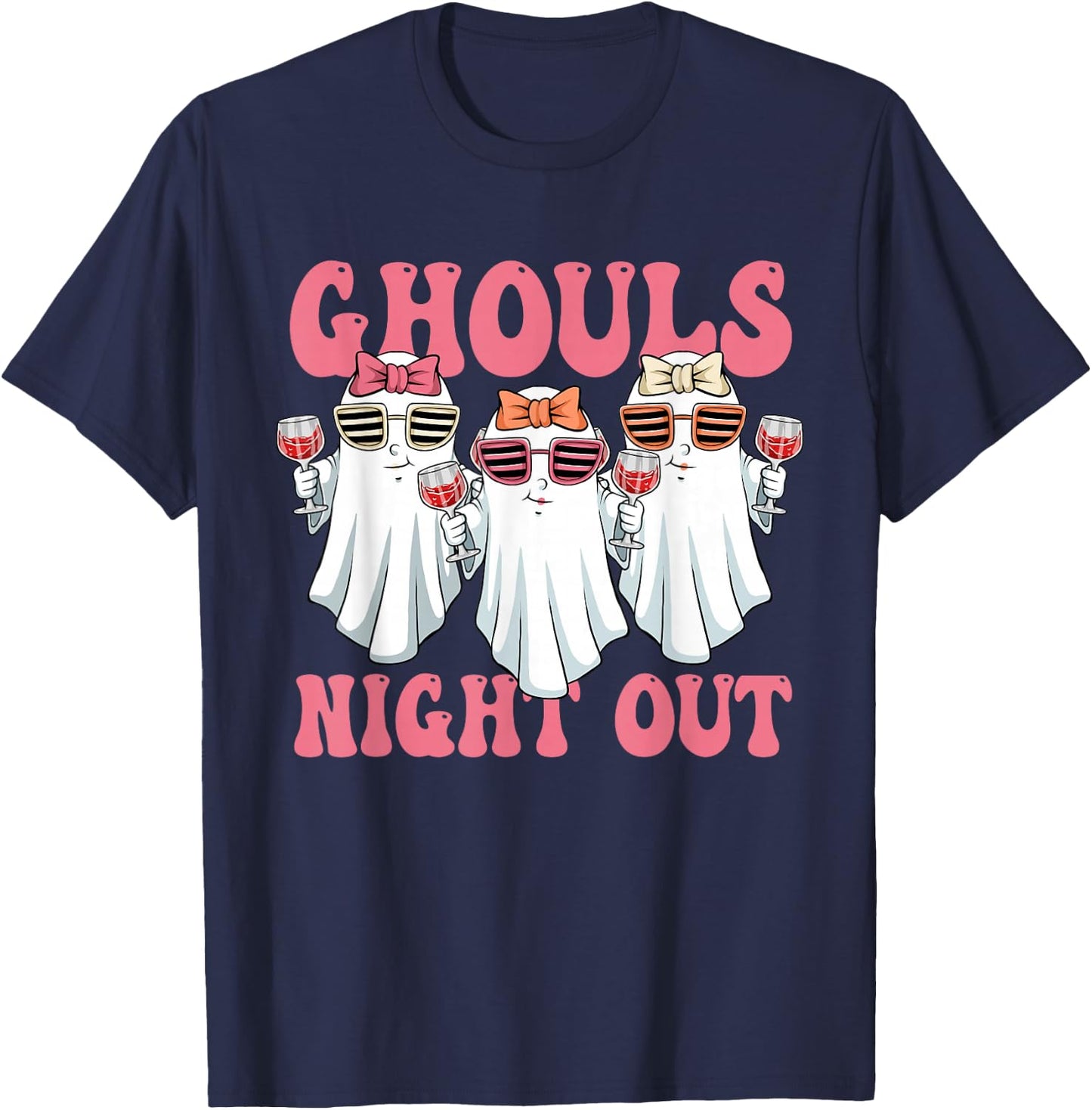 Ghouls Night Out Spooky Women Halloween Party Wine Ghosts T-Shirt - T-Shirt | Navy