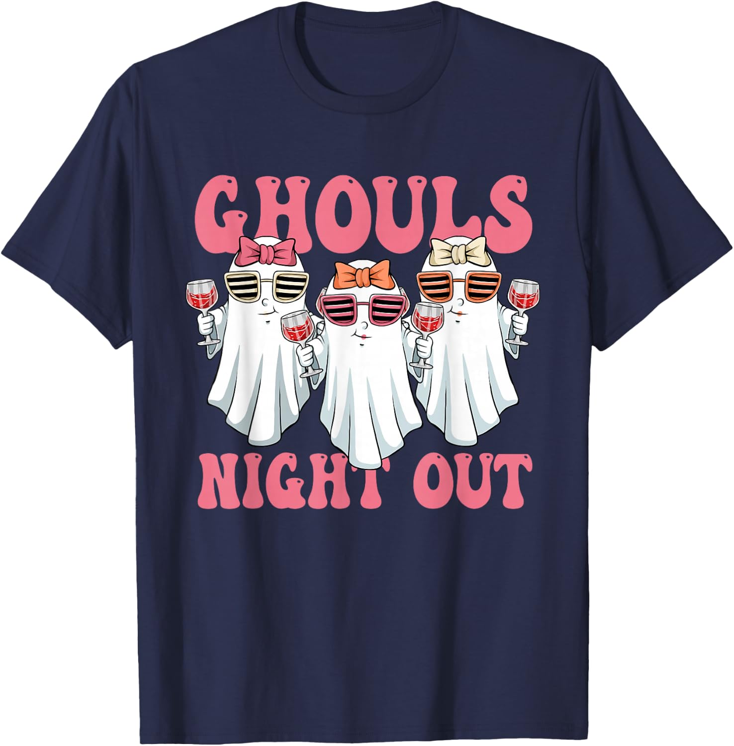 Ghouls Night Out Spooky Women Halloween Party Wine Ghosts T-Shirt - T-Shirt | Navy