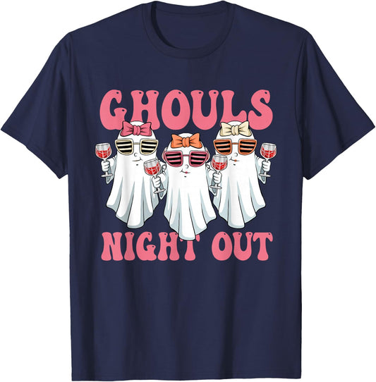 Ghouls Night Out Spooky Women Halloween Party Wine Ghosts T-Shirt - T-Shirt | Navy