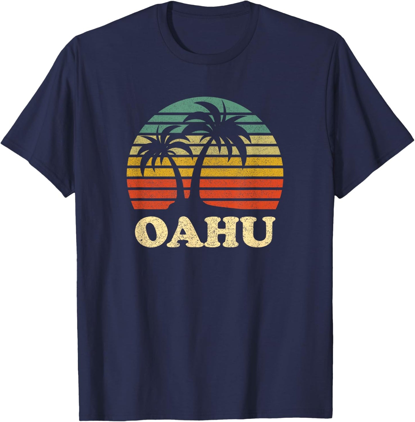 Vintage Oahu Hawaii Beach Palm Tree Retro Vacation Souvenir T-Shirt - T-Shirt | Navy
