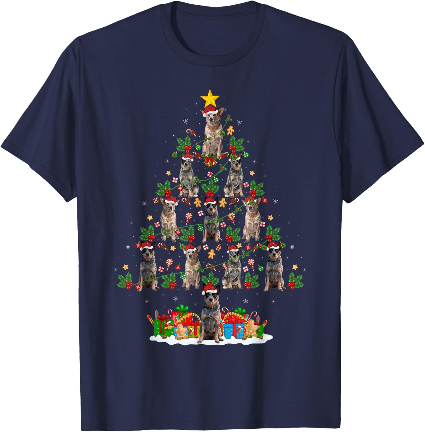 Xmas Lights Santa Australian Cattle Dog Christmas Tree T-Shirt - T-Shirt | Navy