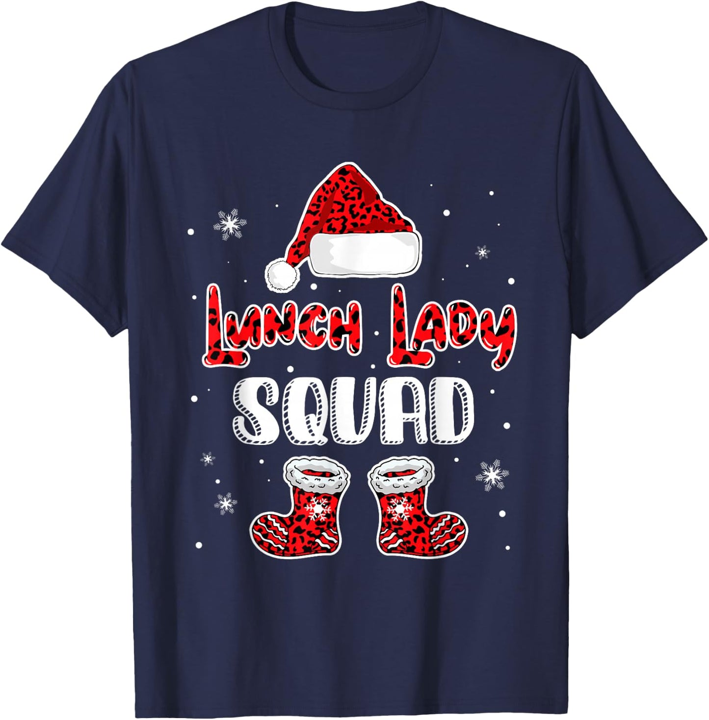 Lunch Lady Squad Leopard Santa's Hat Christmas Lunch Lady T-Shirt - T-Shirt | Navy
