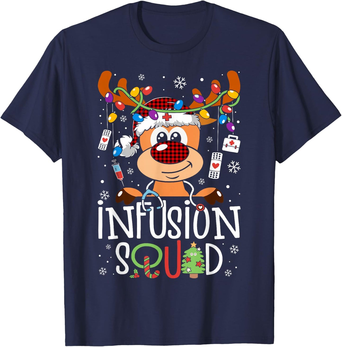 Reindeer Christmas Infusion Nurse Squad Stethoscope Nurse T-Shirt - T-Shirt | Navy