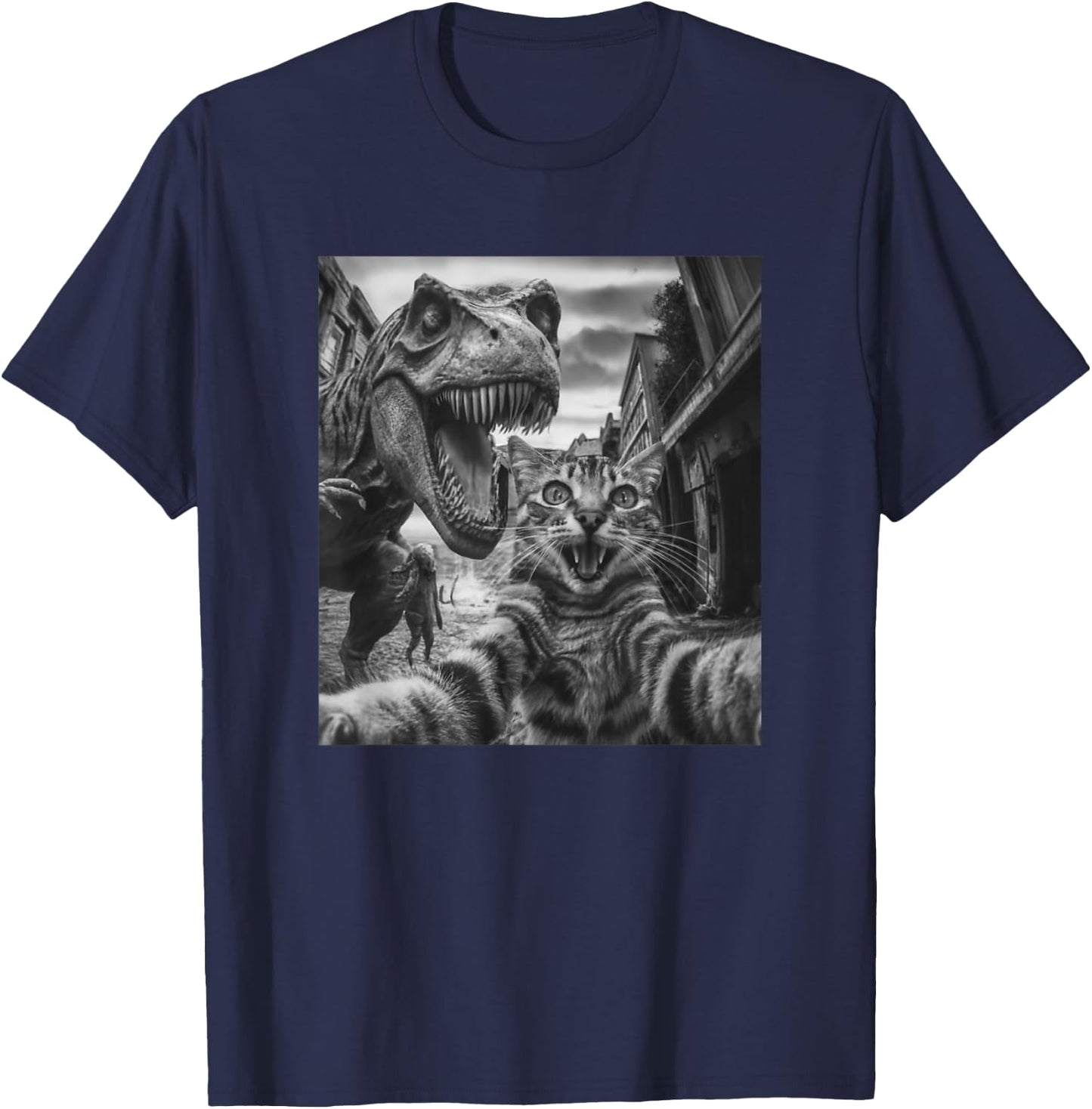 Cat T Rex Dinosaur Selfie Funny Retro Classic Photo T-Shirt - T-Shirt | Navy
