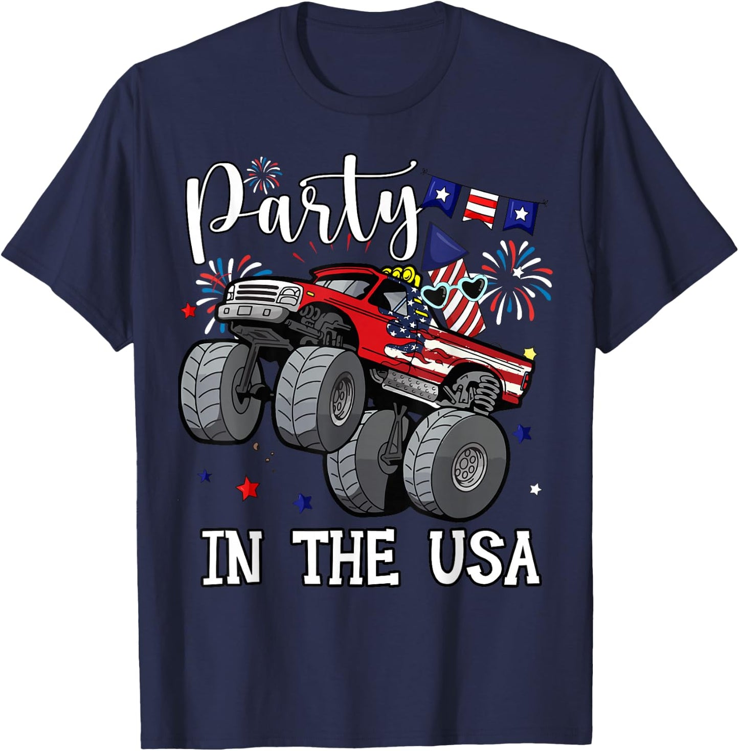 Party In USA Boy Toddler Monster Truck American Flag Patriot T-Shirt - T-Shirt | Navy