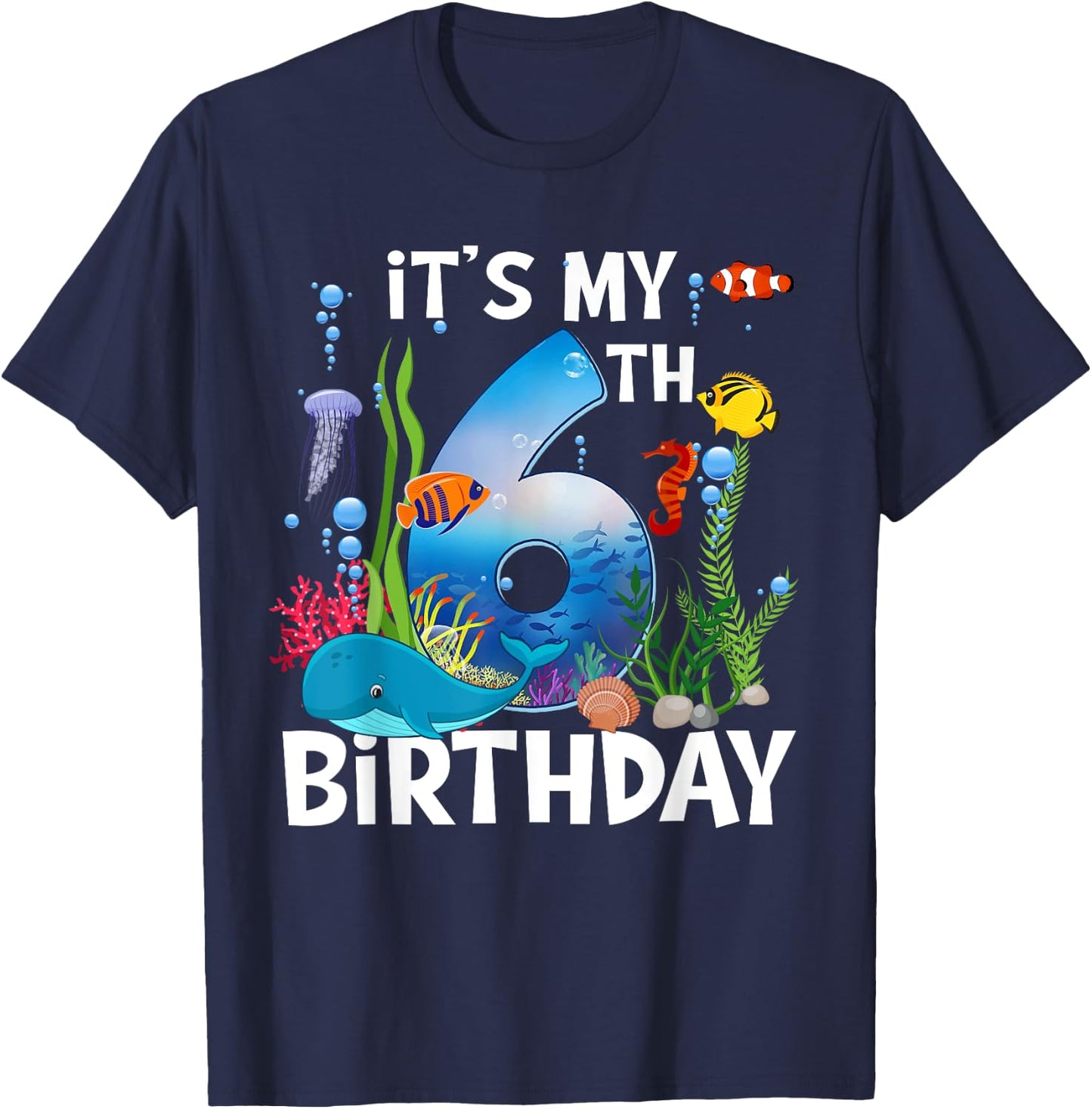 Kids 6 Year Old Ocean Life Whale Dolphin Shark 6th Birthday T-Shirt - T-Shirt | Navy