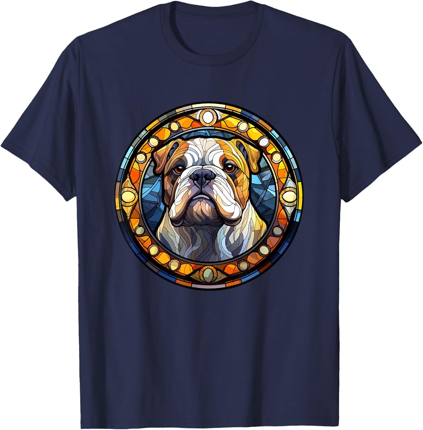 Bulldog Stained Glass Leadlight Artistic Design T-Shirt - T-Shirt | Navy