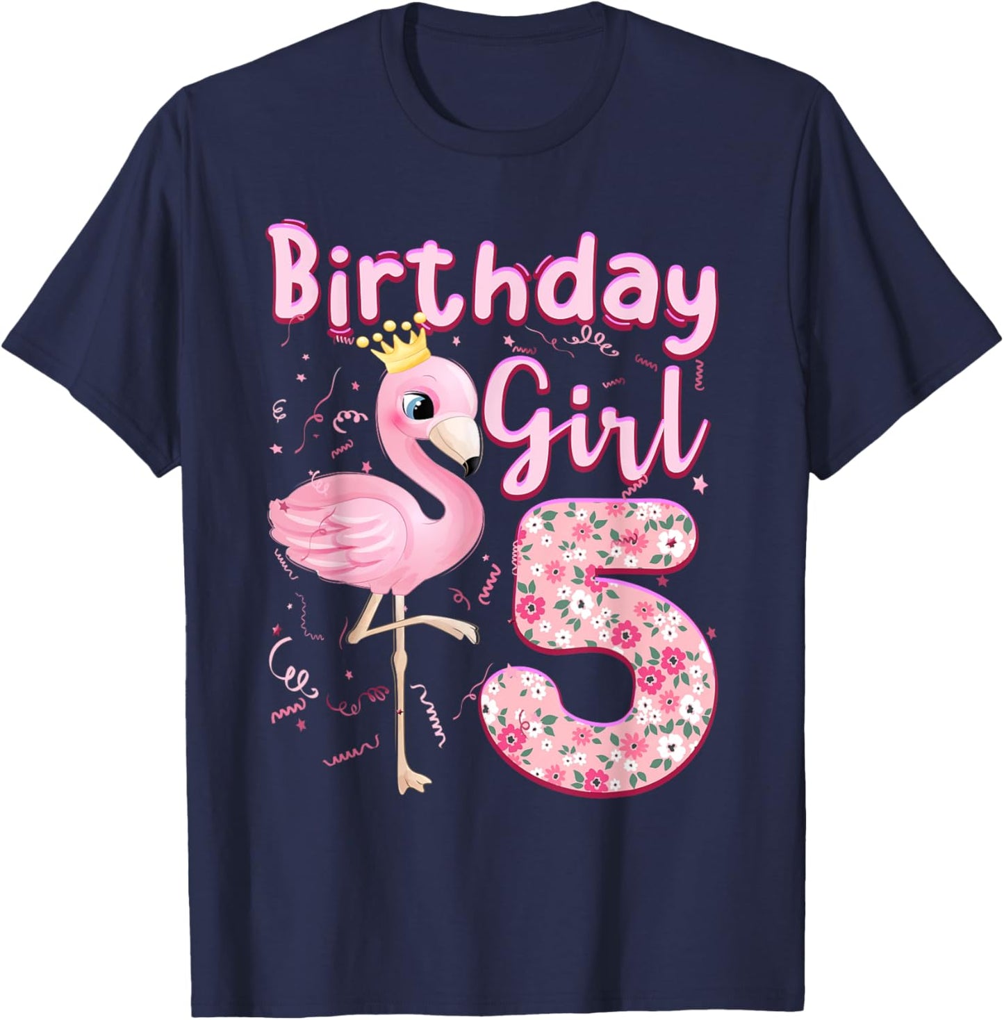 5th Birthday Girls Flamingo 5 Years Old Tropical Flamingo T-Shirt - T-Shirt | Navy