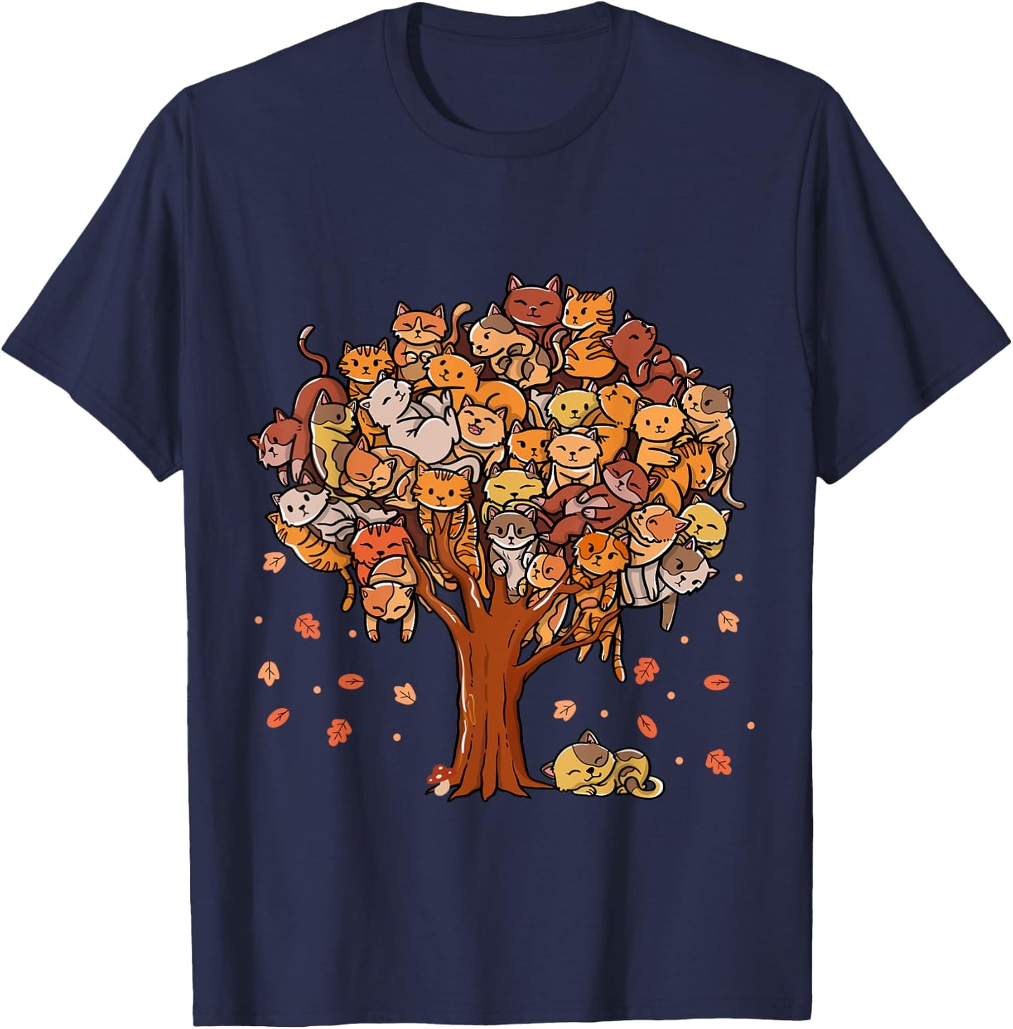 Autumn Tree Kittens Family Of Cats Fall Season Leaves T-Shirt - T-Shirt | Navy
