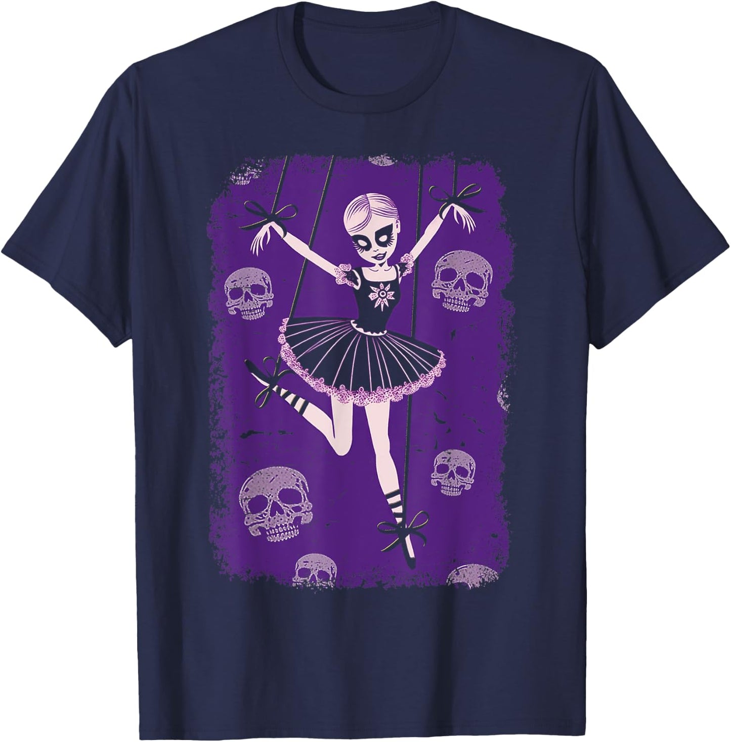 Creepy Cute Ballerina Punk Goth Marionette Doll With Skulls T-Shirt - T-Shirt | Navy