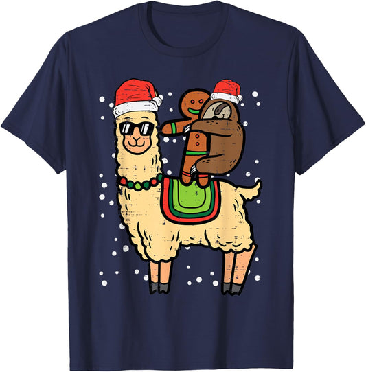 Christmas Sloth Gingerbread Riding Llama Xmas Men Women Kids T-Shirt - T-Shirt | Navy