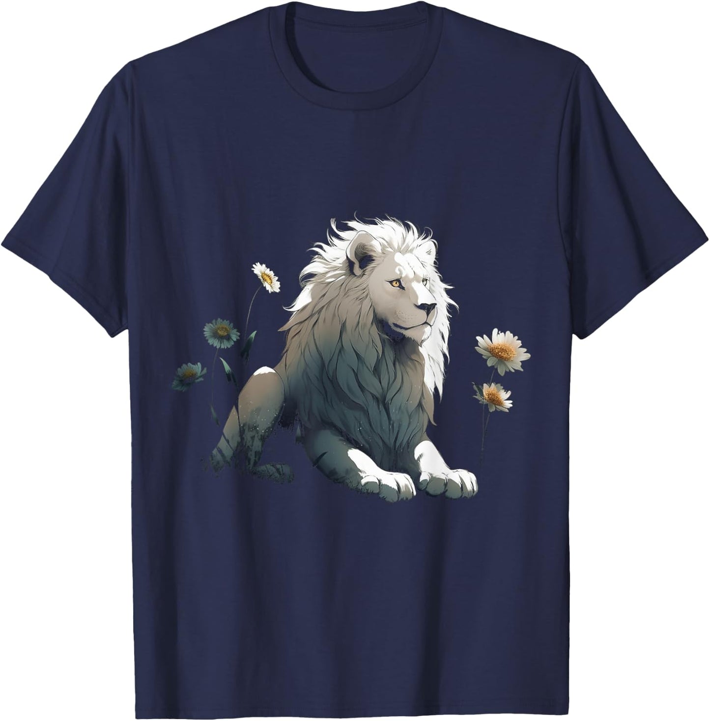 White Lion Flower Art - Animal Motif Zoo Lion T-Shirt - T-Shirt | Navy