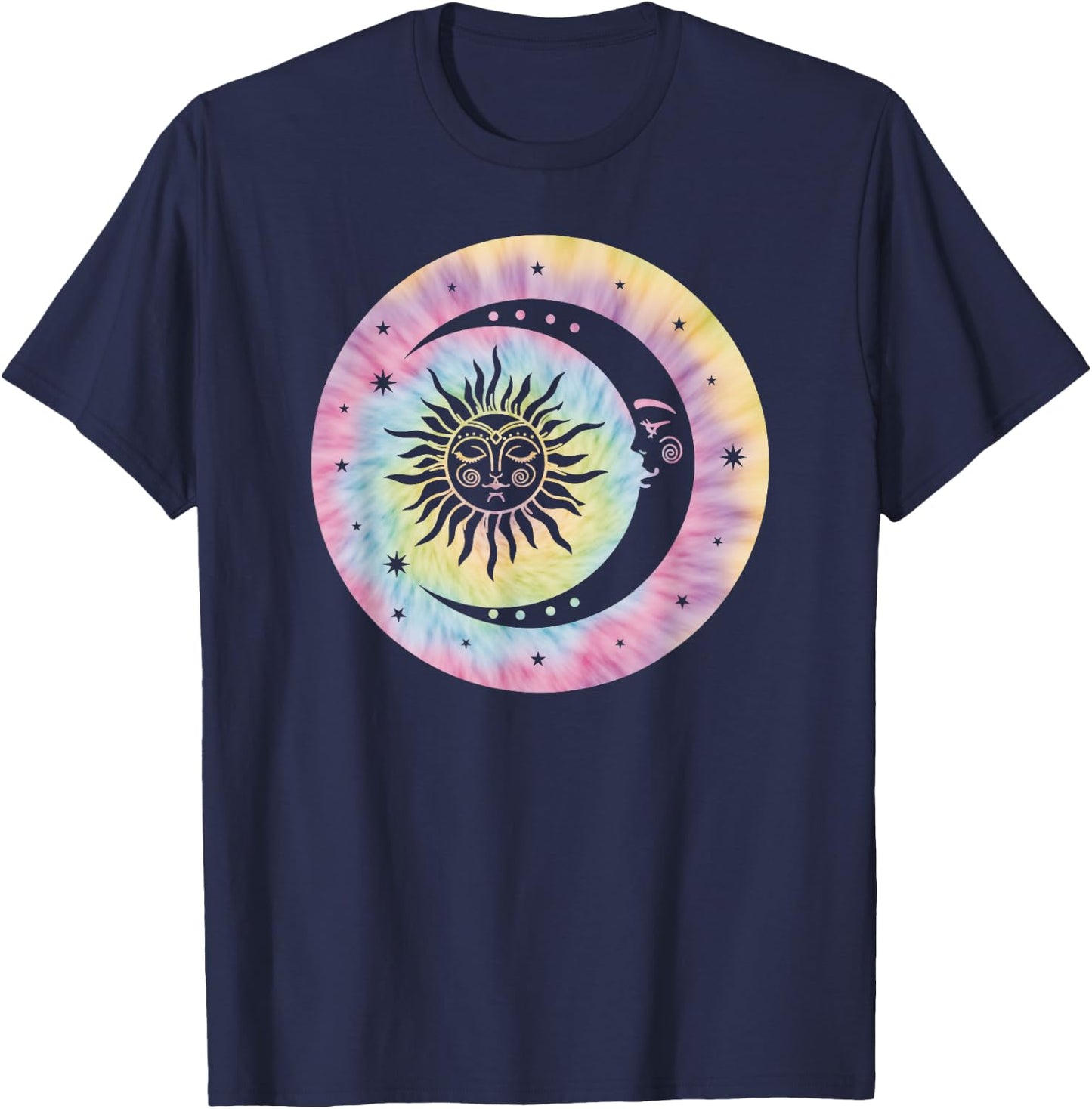 Boho Tie Dye Hippie Retro Moon Sun Stars Celestial T-Shirt - T-Shirt | Navy