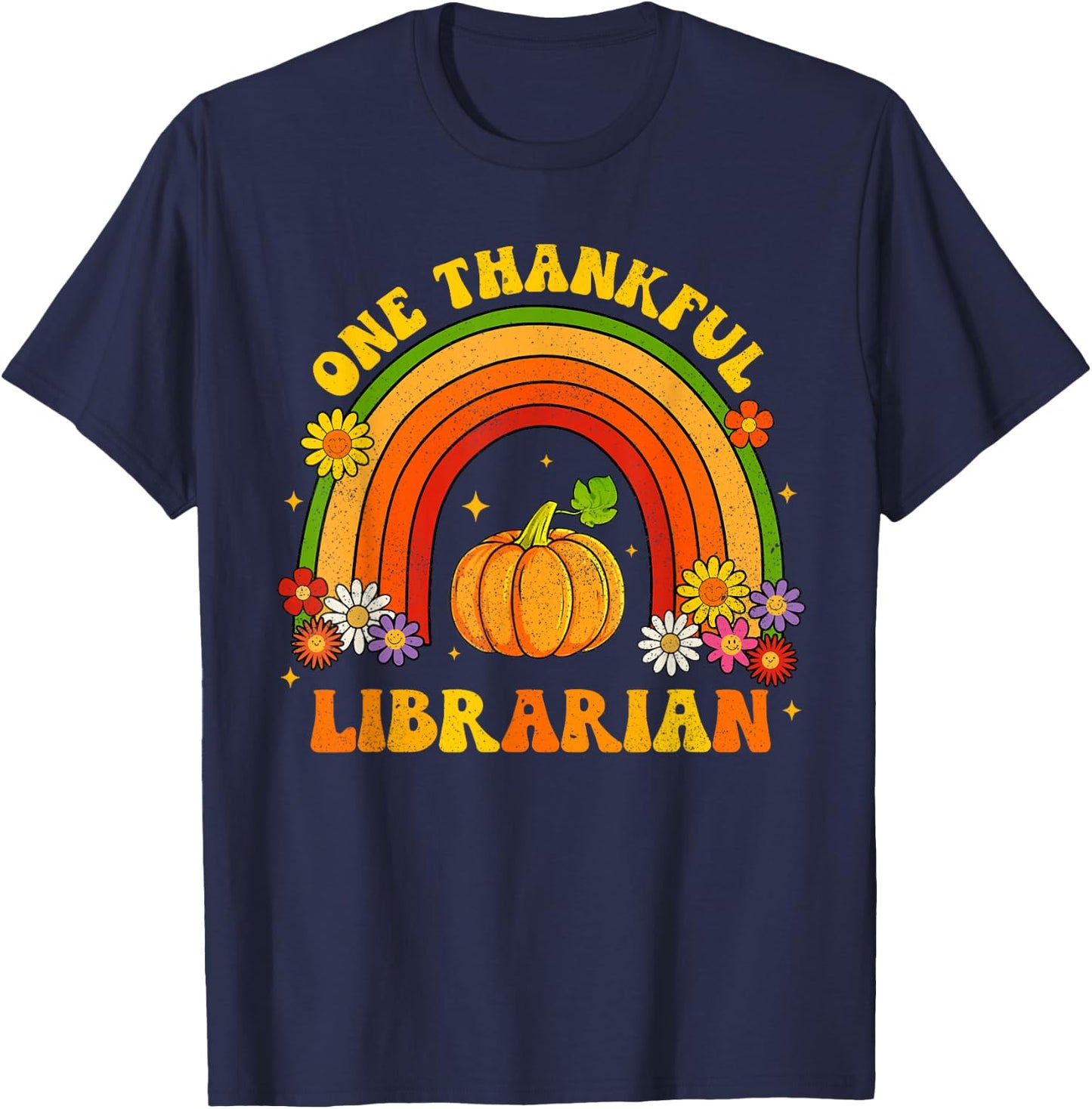 Retro One Thankful Librarian Groovy Rainbow Thanksgiving T-Shirt - T-Shirt | Navy