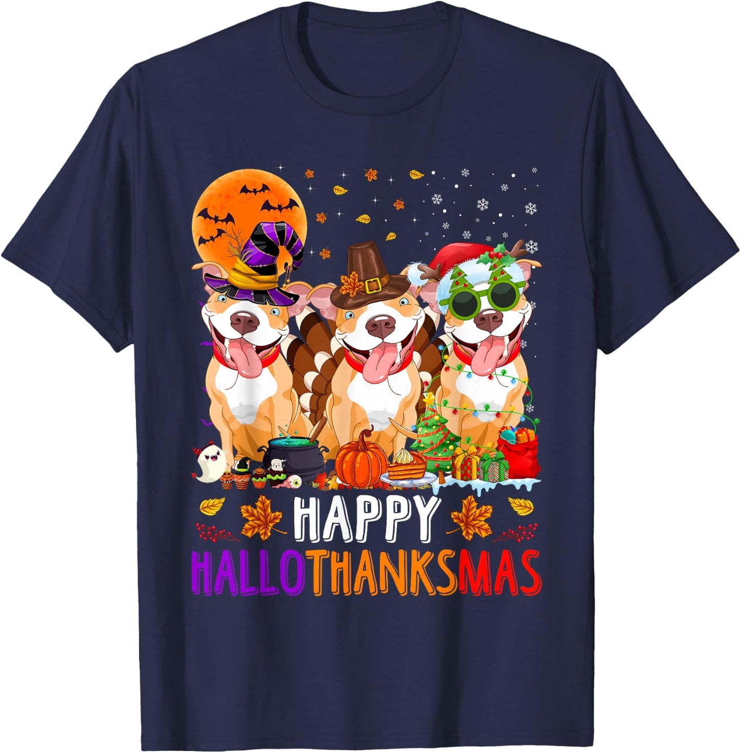 Happy Hallothanksmas Pitbull Dog Halloween Christmas T-Shirt - T-Shirt | Navy