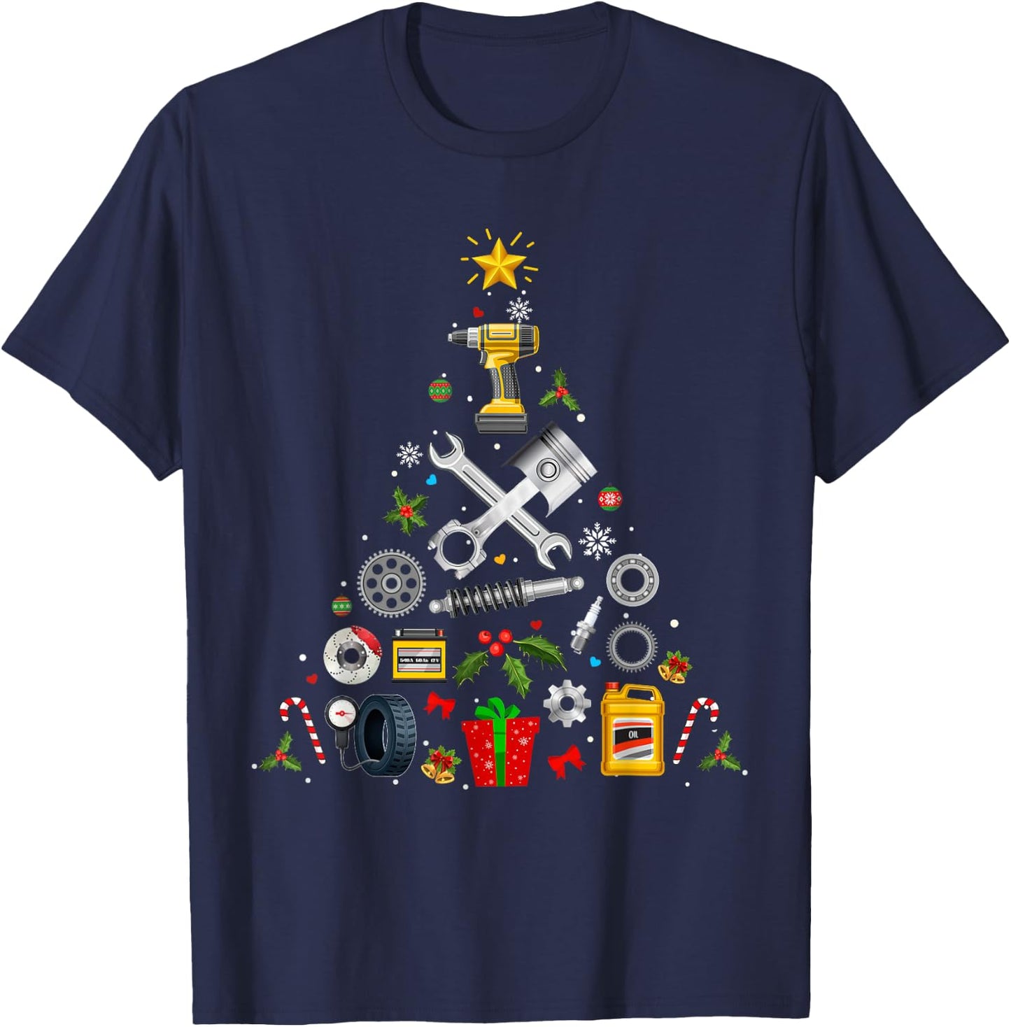 Mechanic Christmas Ornament Tree In Garage Car Mechanic 2025 T-Shirt - T-Shirt | Navy