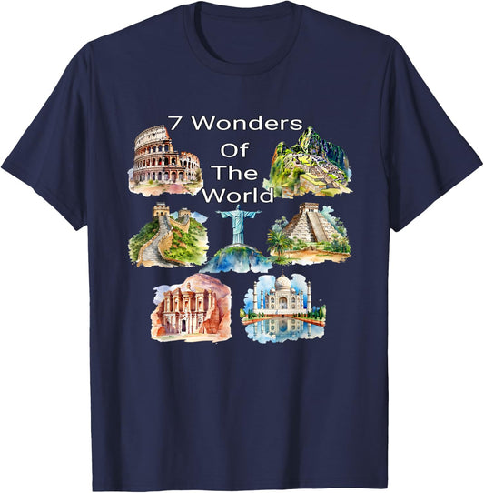 7 Wonders of the World - Travel Enthusiast Design T-Shirt - T-Shirt | Navy