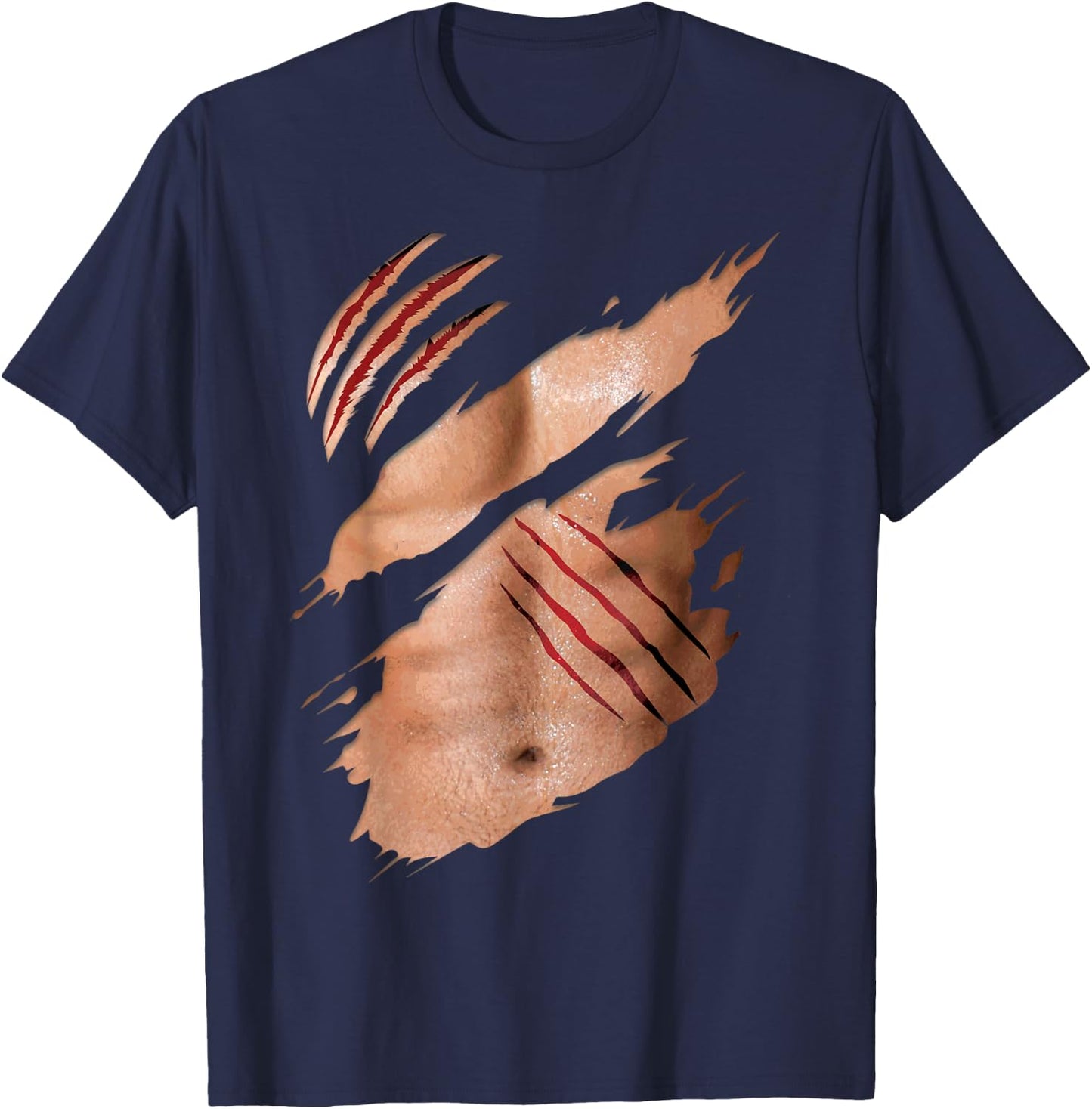 Funny Fake Six Pack Abs Buff Body Claw Scratches Costume T-Shirt - T-Shirt | Navy