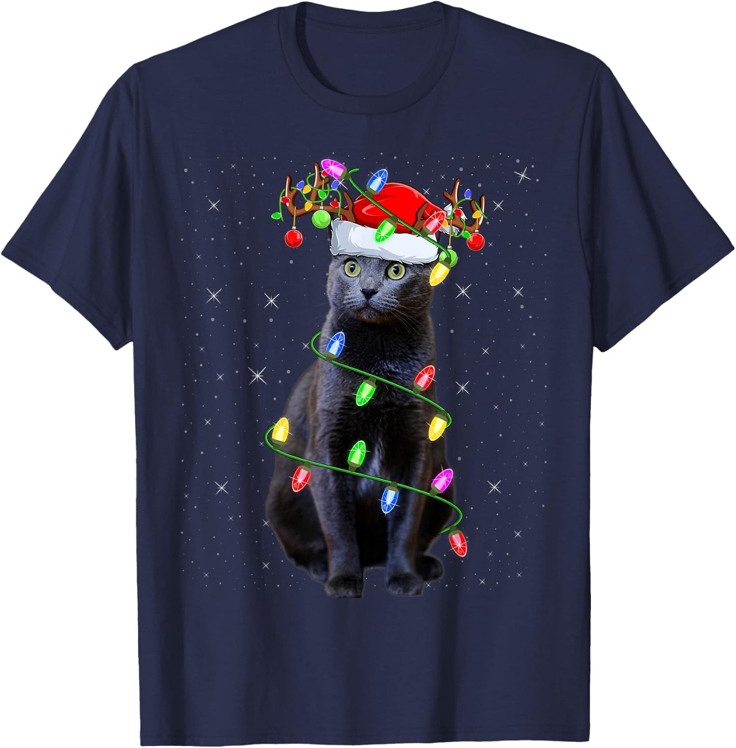 Cat Lover Xmas Lighting Santa Russian Blue Cat Christmas Women Kids T-Shirt - T-Shirt | Navy