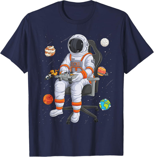 Astronaut Gamer Outer Space Men kids Gaming System Planets T-Shirt - T-Shirt | Navy