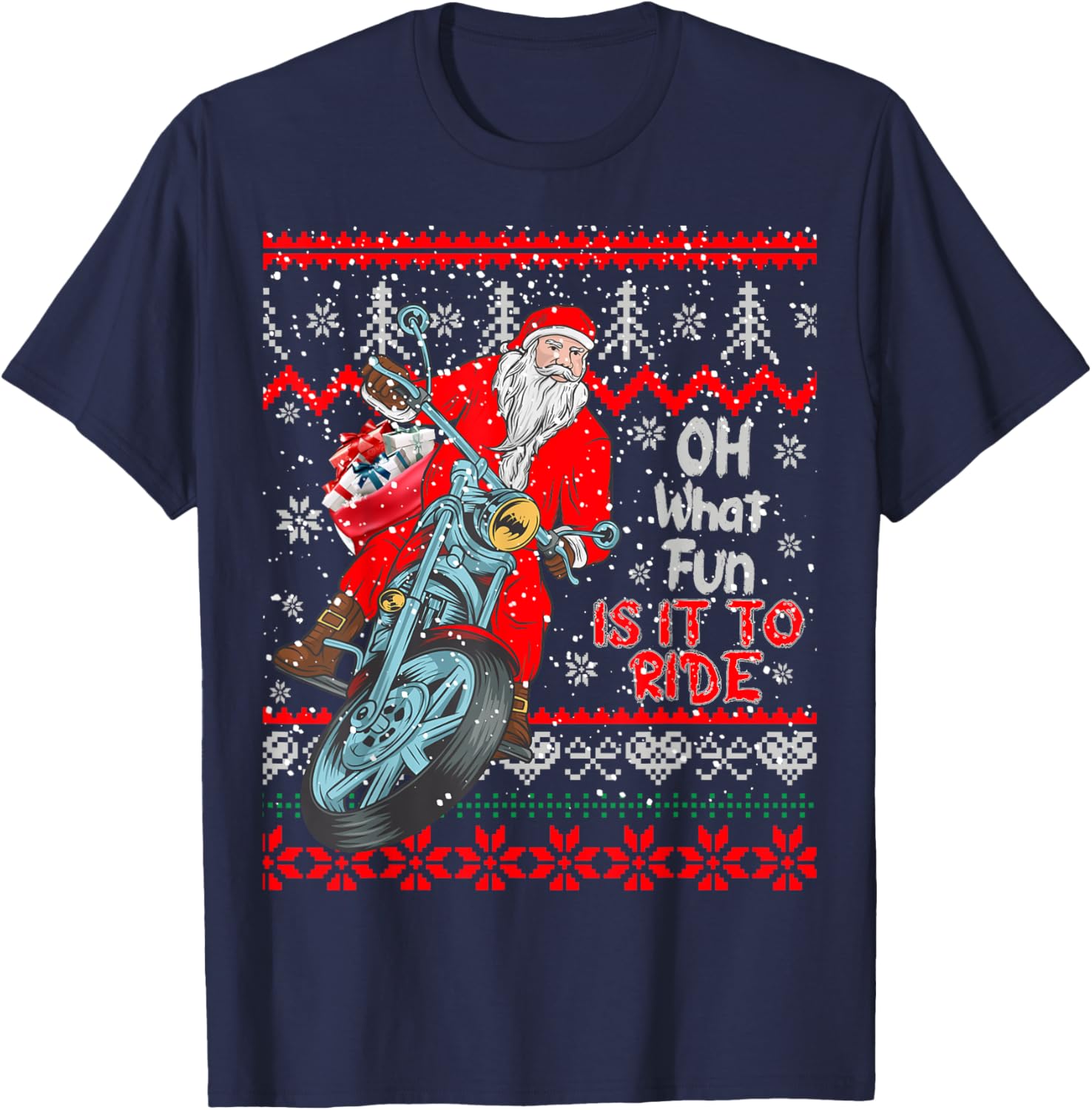 "Biker Santa" Motorcycle Ugly Christmas Sweater T-Shirt - T-Shirt | Navy