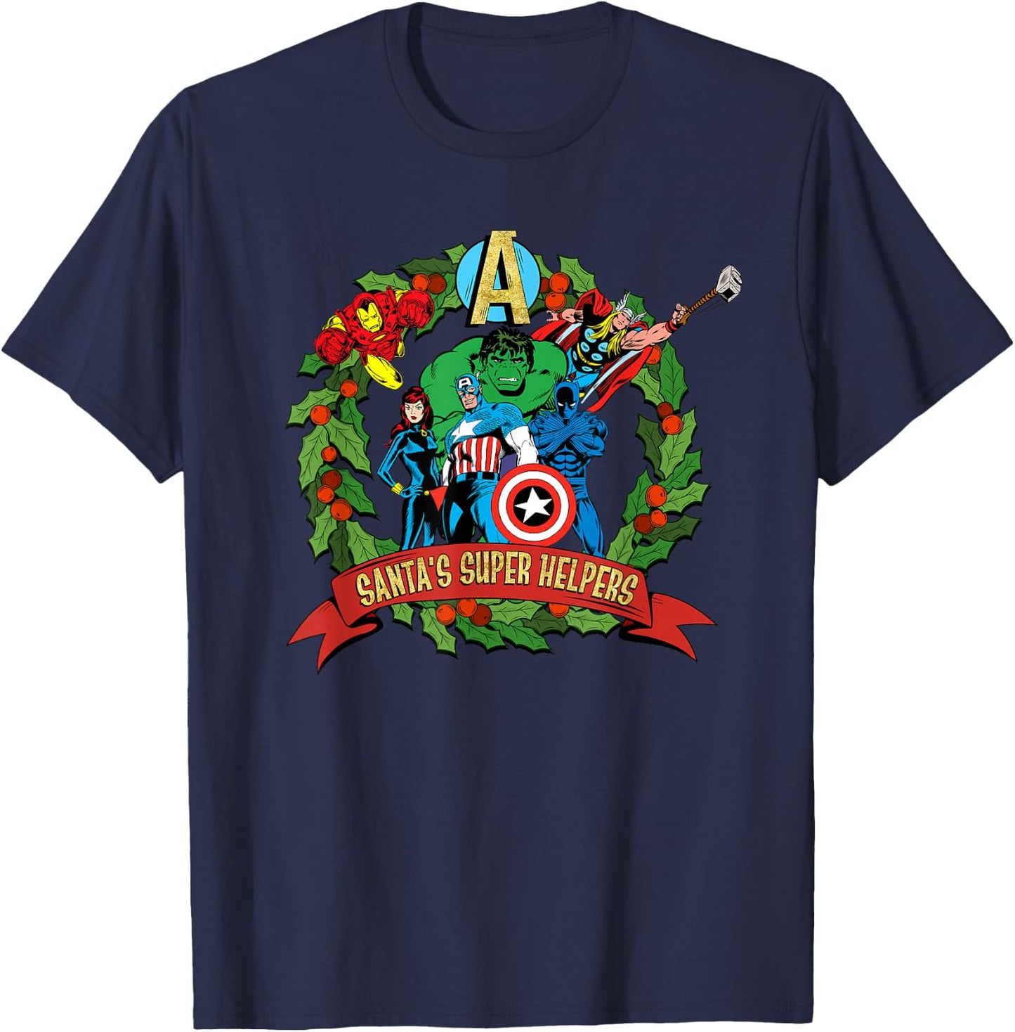 Marvel Avengers Santa’s Super Helpers Wreath Retro Holiday T-Shirt - T-Shirt | Navy